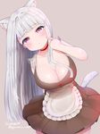  :o albino animal_ears apron bangs blunt_bangs breasts cat_ears cat_girl cat_tail choker cleavage cowboy_shot dress eyebrows eyebrows_visible_through_hair finger_to_cheek frilled_apron frills large_breasts leaning_to_the_side long_hair looking_at_viewer original pink_eyes short_dress silver_hair simple_background sleeveless solo tail twitter_username ushinomiya waist_apron white_apron 