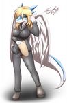  2016 anthro big_breasts blonde_hair blue_fur blue_horn blue_scales breasts clothed clothing crossgender dragon english_text envelope feathered_wings feathers female footwear fur furred_dragon green_eyes hair hi_res horn legendz looking_at_viewer pants scales scalie shiron shirt shoes signature solo tailzkim text white_feathers white_ng white_scales wings 