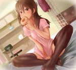  alarm_clock analog_clock backpack bag bed black_legwear bottomless brown_eyes brown_hair cfr chair clock collarbone copyright_request covering covering_crotch desk doughnut dutch_angle eating feet food highres indoors long_hair mole mole_under_eye naked_shirt on_bed shirt shirt_tug sitting solo t-shirt thighhighs toes 