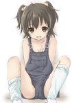  :d akagi_miria black_hair brown_eyes hand_under_clothes idolmaster idolmaster_cinderella_girls loose_socks naked_overalls open_mouth overalls short_hair smile socks solo tsurupeta_(pikapika45) twintails 