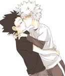  2boys april_(aprilmayu) black_hair blush child eyes_closed gon_freecss hug hunter_x_hunter killua_zoldyck kiss male_focus multiple_boys pants shirt short_hair simple_background sketch standing sweat t-shirt white_background white_hair yaoi 