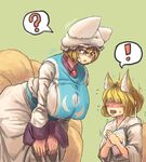  1boy 1girl ? age_difference animal_ears breasts brown_eyes brown_hair caught chanta_(ayatakaoisii) fox_ears fox_tail green_background hair_over_eyes hidden_eyes huge_breasts manga_(object) multiple_tails simple_background spoken_exclamation_mark spoken_question_mark sweat tail thighs touhou yakumo_ran 