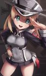  :d anchor_hair_ornament aqua_eyes artist_name black_legwear blonde_hair breasts commentary hair_ornament hand_on_hip hat highres iron_cross kantai_collection large_breasts looking_at_viewer md5_mismatch microskirt military military_hat military_uniform novcel open_mouth peaked_cap prinz_eugen_(kantai_collection) revision salute skirt smile solo swastika teeth thighhighs twintails uniform 