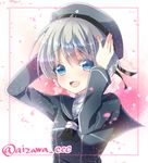  aizawa_chihiro blue_eyes clothes_writing dress hands_on_headwear hat kantai_collection open_mouth sailor_dress sailor_hat short_hair silver_hair smile solo z1_leberecht_maass_(kantai_collection) 