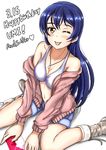  bikini_top blue_hair breasts cleavage highres jewelry long_hair love_live! love_live!_school_idol_project medium_breasts necklace one_eye_closed rushsoldier shorts solo sonoda_umi yellow_eyes 