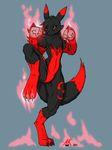  2016 alternate_color atticuskotch black_claws black_fur black_hair black_nose black_sclera blue_background canine claws clothing digimon english_text fan_character featureless_crotch female fist fox fur gloves green_eyes hair mammal markings raised_leg red_fur red_hair red_markings renamon signature simple_background smile text toe_claws tuft 