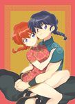  1girl bangs black_hair black_pants blue_shirt braid china_dress chinese_clothes closed_mouth dress dual_persona genderswap genderswap_(mtf) highres light_smile looking_at_another looking_at_viewer machi_(mctri) pants ranma-chan ranma_1/2 red_dress red_hair saotome_ranma shirt short_dress short_hair short_sleeves single_braid sitting sitting_on_lap sitting_on_person wristband 