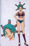  bra breasts female full_body green_eyes green_hair hunter_x_hunter legs menchi_(hunter_x_hunter) short_shots smile solo underwear 