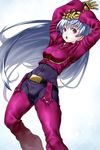  arms_up belt blue_hair blush breasts chaps commentary_request cropped_jacket gloves highres kula_diamond long_hair medium_breasts onsoku_maru open_mouth red_eyes solo the_king_of_fighters zipper 