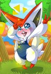  &lt;3 2016 alternate_color anthro anthrofied blue_eyes blush breasts buckteeth clothed clothing cloud female food fruit fur grass hand_sign hi_res legendary_pok&eacute;mon looking_at_viewer nintendo open_mouth outside pok&eacute;mon pok&eacute;morph red_fur shiny_pok&eacute;mon sky small_breasts solo sparkles suddenhack teeth tongue tree victini video_games white_fur wide_hips 