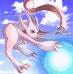  2016 alternate_color alternate_species anthro anthrofied areola blue_eyes breasts butt cloud energy female half-closed_eyes hi_res horn legendary_pok&eacute;mon mega_evolution mega_mewtwo mega_mewtwo_y mew nintendo nipples nude outside pink_skin pok&eacute;mon pok&eacute;morph purple_skin sky small_breasts smile solo suddenhack video_games 