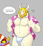  2016 asgore_dreemurr boss_monster bulge caprine clothing facial_hair fundoshi goat hair horn human japanese_clothing mammal protagonist_(undertale) razuya sweat undertale underwear video_games 