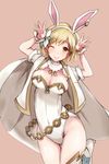  alternate_costume animal_ears arms_up blonde_hair blush boots breasts brown_eyes bunny_ears bunny_pose cape cleavage djeeta_(granblue_fantasy) granblue_fantasy hairband highres large_breasts leotard looking_at_viewer one_eye_closed ryuu. sage_(granblue_fantasy) short_hair short_sleeves smile solo thigh_boots thighhighs wrist_cuffs 