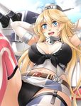  arms_behind_head black_panties blonde_hair blue_eyes breasts cleavage elbow_gloves front-tie_top garter_straps gloves hair_between_eyes hat headgear highres iowa_(kantai_collection) kantai_collection kore_(korewa13th) large_breasts long_hair machinery midriff mismatched_legwear navel open_mouth panties skirt solo star star-shaped_pupils striped striped_legwear symbol-shaped_pupils thighhighs turret underwear vertical-striped_legwear vertical-striped_skirt vertical_stripes 