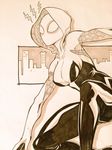  1girl arm_support armpits bodysuit breasts building cityscape collarbone from_side gloves gradient gradient_background gwen_stacy highres hood large_breasts leaning_forward lightning_bolt looking_at_viewer marker_(medium) marvel mask monochrome one_knee outstretched_arm shadow skyscraper spider-gwen spider_web_print superhero thighs traditional_media yokota_mamoru 