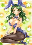  animal_ears ass bow bowtie breasts bunny_ears bunny_tail bunnysuit cleavage detached_collar green_eyes green_hair hair_ornament huge_breasts kimidori_emiri long_hair looking_at_viewer marker_(medium) pantyhose sitting smile solo suzumiya_haruhi_no_yuuutsu tail takecha traditional_media wariza wrist_cuffs 