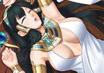  armpits black_hair blue_lipstick bracelet breasts breasts_apart dress eyeshadow hair_tubes hairband isis_(p&amp;d) jewelry large_breasts lipstick long_hair lying makeup necklace on_back parted_lips puzzle_&amp;_dragons rug shimohigashi_kanna sleeping solo staff white_dress 