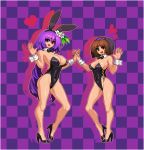 2girls :d alternate_costume animal_ears bare_legs bare_shoulders black_footwear black_leotard bow bowtie breasts brown_hair bunny_ears bunny_girl bunnysuit checkered checkered_background cleavage covered_navel cross-laced_clothes detached_collar drop_shadow fake_animal_ears flower full_body hair_flower hair_ornament hairband hand_holding heart high_heels highleg highleg_leotard interlocked_fingers large_breasts leotard long_hair looking_at_viewer lowres medium_breasts multiple_girls open_mouth purple_background purple_eyes purple_hair red_eyes shoes short_hair siblings sisters smile standing takorin touhou tsukumo_benben tsukumo_yatsuhashi very_long_hair w_arms waving wrist_cuffs 