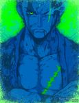  artist_name bleeding blood blue chest crossed_arms earrings green jewelry looking_at_viewer male_focus monochrome one_eye_closed one_piece open_clothes roronoa_zoro scar serious solo sven_from_oz textless watermark 