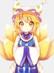  bangs blonde_hair blush commentary_request cowboy_shot dress fox_tail grey_background hands_together hat highres long_sleeves looking_at_viewer multiple_tails pillow_hat shiny shiny_hair short_hair simple_background smile solanikieru solo tabard tail touhou white_dress wide_sleeves yakumo_ran younger 