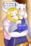  2015 asgore_dreemurr blonde_hair blush crying dialogue duo food franniesdoodleblog fur hair hug pie surprise tagme tears toriel undertale video_games white_fur 