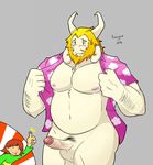  2016 asgore_dreemurr blood blush boss_monster bulge caprine chara_(undertale) clothing facial_hair goat hair horn human mammal nosebleed nude penis precum razuya sweat thumbs_up undertale underwear video_games 