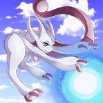  2016 anthro anthrofied areola breasts butt cloud energy female half-closed_eyes hi_res horn mega_evolution mega_mewtwo mega_mewtwo_y nintendo nipples nude outside pok&eacute;mon pok&eacute;morph purple_skin red_eyes sky small_breasts smile solo suddenhack video_games 