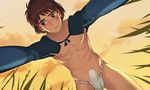  1boy abs ashitaka blush brown_hair bulge character_request copyright_request male_focus mononoke_hime muscle nipples outdoors pov scar underwear undressing 