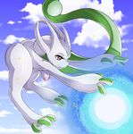  2016 alternate_color anthro anthrofied areola breasts butt cloud energy female green_skin half-closed_eyes hi_res horn mega_evolution mega_mewtwo mega_mewtwo_y nintendo nipples nude outside pok&eacute;mon pok&eacute;morph red_eyes shiny_pok&eacute;mon sky small_breasts smile solo suddenhack video_games white_skin 