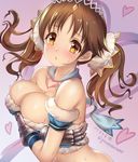  arm_garter blush breast_hold breasts brown_hair cleavage eyebrows eyebrows_visible_through_hair gauntlets granblue_fantasy heart idolmaster idolmaster_cinderella_girls large_breasts looking_at_viewer o3o scrunchie solo sweat totoki_airi twintails upper_body yellow_eyes youqiniang 