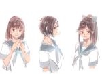  anegasaki_nene black_hair blush bob_cut bow brown_hair hair_bow hair_ribbon kobayakawa_rinko long_hair love_plus mikan_(alicegakuyan) multiple_girls ponytail ribbon school_uniform serafuku short_hair simple_background takane_manaka white_background 