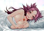  bed blush breasts brown_eyes cleavage eyebrows eyebrows_visible_through_hair glint happa_(cloverppd) highres jewelry jun'you_(kantai_collection) kantai_collection large_breasts long_hair looking_at_viewer lying magatama naked_sheet necklace nose_blush nude on_side parted_lips pillow purple_eyes purple_hair ring smile solo sparkle spiked_hair under_covers wedding_band 