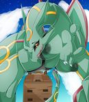  2016 anthro anthrofied areola big_breasts big_nipples black_sclera breasts claws cloud dragon female green_nipples green_scales hi_res horn legendary_pok&eacute;mon looking_at_viewer navel nintendo nipples outside pillar pok&eacute;mon pok&eacute;morph rayquaza red_scales scales scalie sky smile star suddenhack video_games white_claws yellow_eyes yellow_scales 