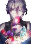  black_hair blue_eyes blue_flower camellia flower flower_in_mouth hair_between_eyes ihiro japanese_clothes kasen_kanesada looking_at_viewer male_focus mouth_hold purple_flower purple_hair red_flower red_ribbon ribbon simple_background solo touken_ranbu upper_body white_background white_flower 