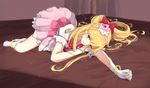  asahina_mirai blonde_hair bow bracelet cosplay cure_miracle gloves hair_bow hat highres jewelry kamome_donburi long_hair lying magical_girl mahou_girls_precure! precure purple_eyes side_ponytail solo white_gloves witch_hat 