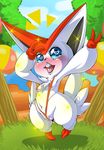  &lt;3 2016 alternate_color anthro anthrofied areola blue_eyes blush breasts buckteeth clothed clothing cloud female food fruit fur grass hand_sign hi_res legendary_pok&eacute;mon looking_at_viewer navel nintendo nipples one-piece_swimsuit open_mouth outside plump_labia pok&eacute;mon pok&eacute;morph pussy red_fur shiny_pok&eacute;mon sky small_breasts solo sparkles suddenhack swimsuit teeth tongue tree victini video_games white_fur wide_hips 