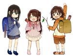  :d ^_^ arm_up back backpack bag bandaid bandaid_on_leg blush bocha_(gotipoke) branch brown_eyes brown_hair child closed_eyes green_eyes honda_mio idolmaster idolmaster_cinderella_girls jitome long_hair long_sleeves looking_at_viewer looking_away looking_back multiple_girls no_shoes one_side_up open_mouth randoseru recorder_case ribbed_shirt shibuya_rin shimamura_uzuki shirt short_hair shorts simple_background skirt smile standing star v v-shaped_eyebrows white_background younger 