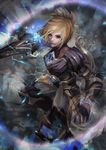  alternate_costume armor blade blonde_hair bodysuit cglas from_above full_armor gloves glowing holding holding_sword holding_weapon league_of_legends looking_at_viewer ponytail riven_(league_of_legends) short_hair skin_tight solo standing sword watermark weapon web_address 
