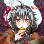  ahoge artist_name black_hair black_wings character_name covering_mouth cross cross_necklace eln_(sennen_sensou_aigis) jewelry lowres miniru necklace red_eyes sennen_sensou_aigis solo upper_body winged_hair_ornament wings 