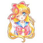  aino_minako bishoujo_senshi_sailor_moon blonde_hair blue_eyes blue_sailor_collar bow brooch choker crescent earrings facial_mark forehead_mark gloves hair_bow jewelry long_hair looking_at_viewer lowres magical_girl mask mask_removed one_eye_closed red_bow sailor_collar sailor_senshi_uniform sailor_v shirataki_kaiseki signature smile solo upper_body white_background white_gloves 