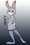  4_fingers anthro ascar_angainor bare_back butt clothing disney female fur grey_background grey_fur handcuffs judy_hopps lagomorph legwear looking_at_viewer looking_back mammal pink_nose purple_eyes rabbit shackles simple_background smile solo standing stockings zootopia 