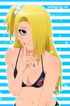  aju_(maccha_an) akatsuki_(naruto) bikini blonde_hair blush breasts deidara genderswap genderswap_(mtf) hair_over_one_eye long_hair naruto naruto_(series) naruto_shippuuden navel small_breasts smile solo sweatdrop swimsuit 