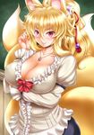  adjusting_eyewear alternate_costume animal_ears bespectacled blonde_hair blouse breast_hold breasts chalkboard cleavage collarbone commentary_request eyebrows fox_ears fox_tail glasses izuna_(shinrabanshou) jewelry kitsune kittan_(cve27426) large_breasts long_hair long_sleeves looking_at_viewer multiple_tails necklace pendant puffy_sleeves red_eyes shinrabanshou shirt smile solo tail teacher thick_eyebrows white_shirt 