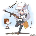  &gt;_&lt; black_legwear blue_eyes brown_hair closed_eyes commentary_request flask folded_ponytail gun handgun hat hibiki_(kantai_collection) horosho inazuma_(kantai_collection) kantai_collection long_hair looking_at_viewer multiple_girls pleated_skirt ppsh-41 school_uniform serafuku skirt submachine_gun sweat thighhighs translated trembling verniy_(kantai_collection) weapon white_hair yaosera zettai_ryouiki 