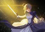  ahoge artoria_pendragon_(all) blonde_hair dress excalibur fate/stay_night fate_(series) glowing glowing_sword glowing_weapon green_eyes grin light_particles nanaya_(daaijianglin) saber smile solo weapon 