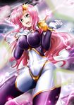  blue_eyes bodysuit breasts commentary_request g_gundam gundam gundam_seed gundam_seed_destiny hair_ornament highres large_breasts long_hair looking_at_viewer meer_campbell mobile_trace_suit open_mouth pink_hair skin_tight solo star star_hair_ornament suga_leon 