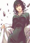  animated animated_gif artist_request black_dress black_hair breasts dress floating_rock fubuki_(one-punch_man) fur_coat green_eyes high_collar jewelry lips medium_breasts necklace off_shoulder one-punch_man short_hair solo taut_clothes taut_dress 