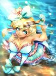  absurdres aqua_eyes bad_id bad_pixiv_id bangs blonde_hair blush bow bracelet breasts cleavage dark_skin earrings fan highres jewelry kuga_hotaru large_breasts original sengoku_taisen side_ponytail solo water 