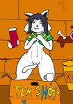  bone bottomless box clothed clothing cup legwear pussy stockings tail_between_legs temmie_(undertale) thick_thighs trash_can undertale video_games wide_hips 