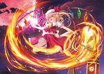  ascot blonde_hair bow crystal fire flandre_scarlet frills full_body hat hat_bow laevatein mob_cap moon open_mouth puffy_sleeves red_hair red_moon solo touhou wings yusaka_akuto 